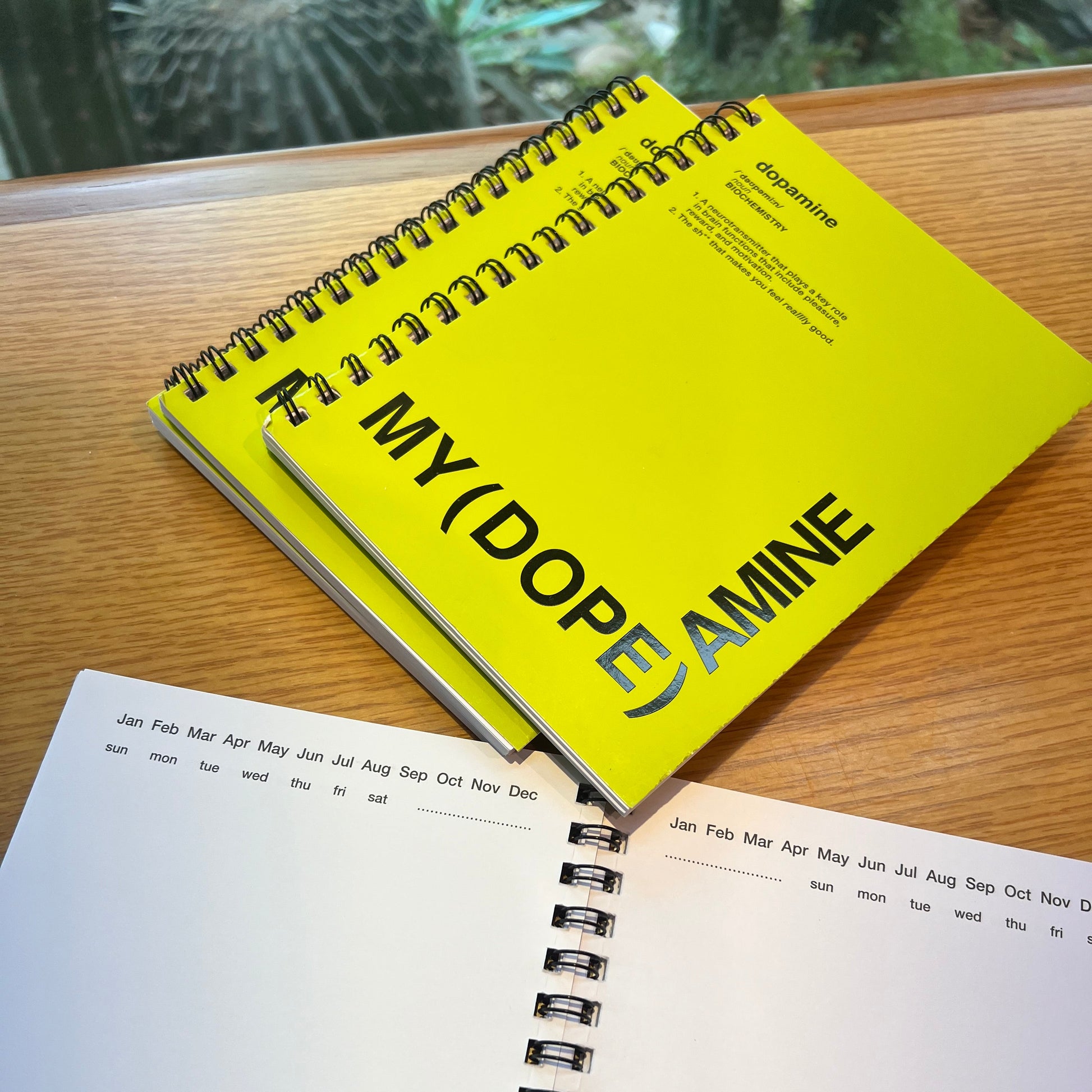 Yellow notebook with 'MY (DOPE)AMINE text on a wooden table